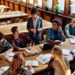 Happy female professor giving lecture to group of high school students in a library.